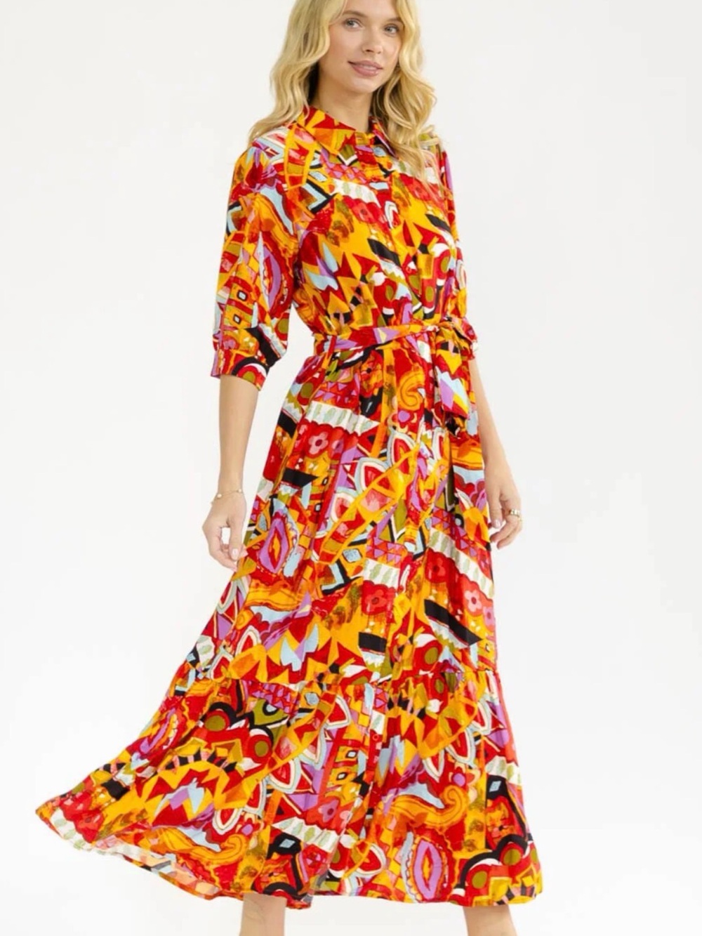 WOMEN'S SHORT SLEEVE BUTTON UP FRONT POCKETS MULTI PRINT MAXI DRESS
